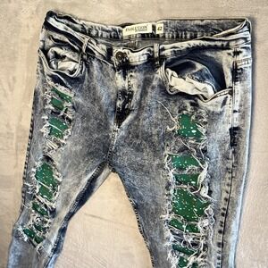 Evolution in Design Deep Wash Acid Jean Men 42-40x32 Distress Band Splat Green